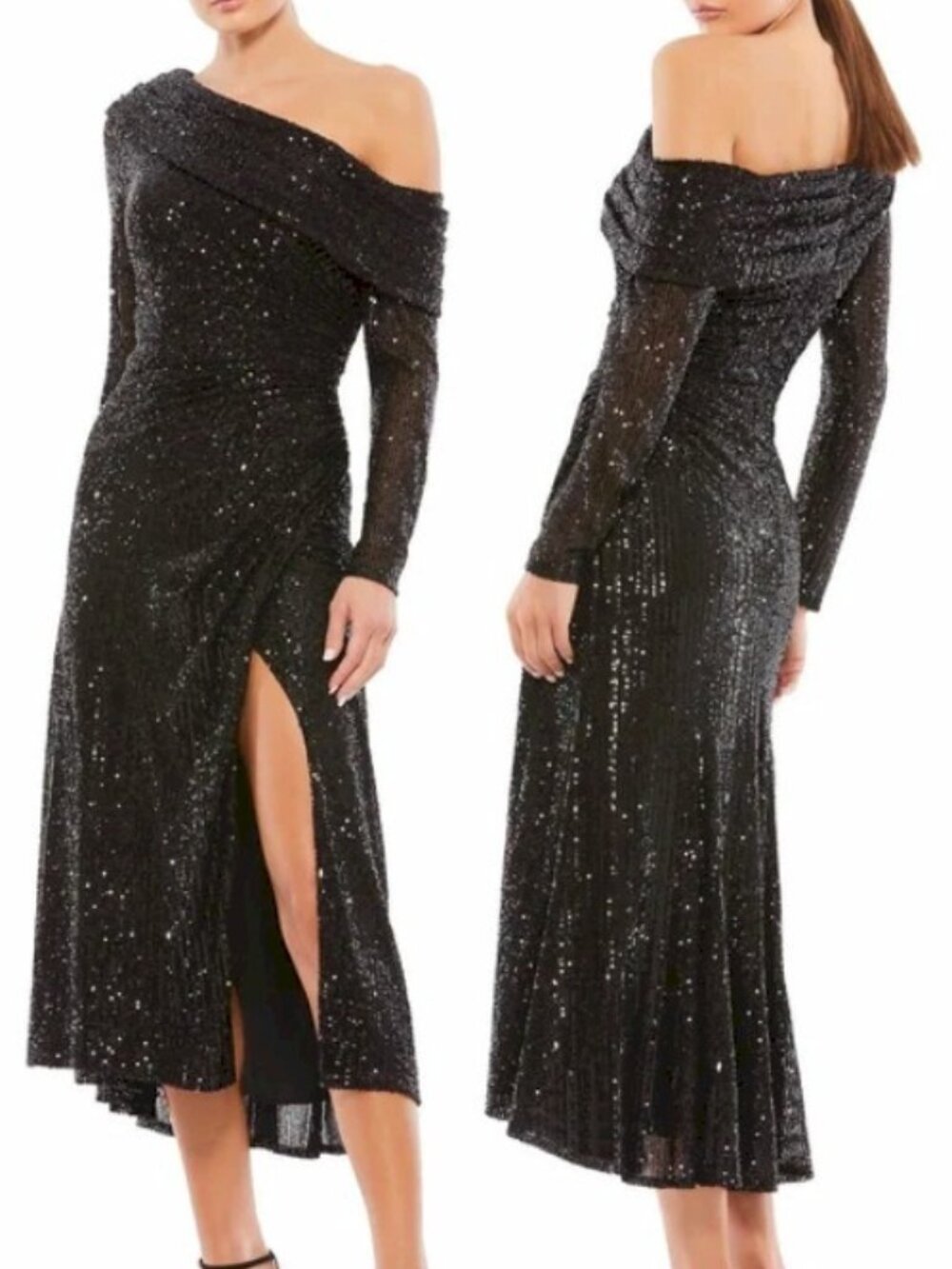 Ieena Mac Duggal 26551 One Shoulder Black Sequin Midi Dress Size 6 New NWT